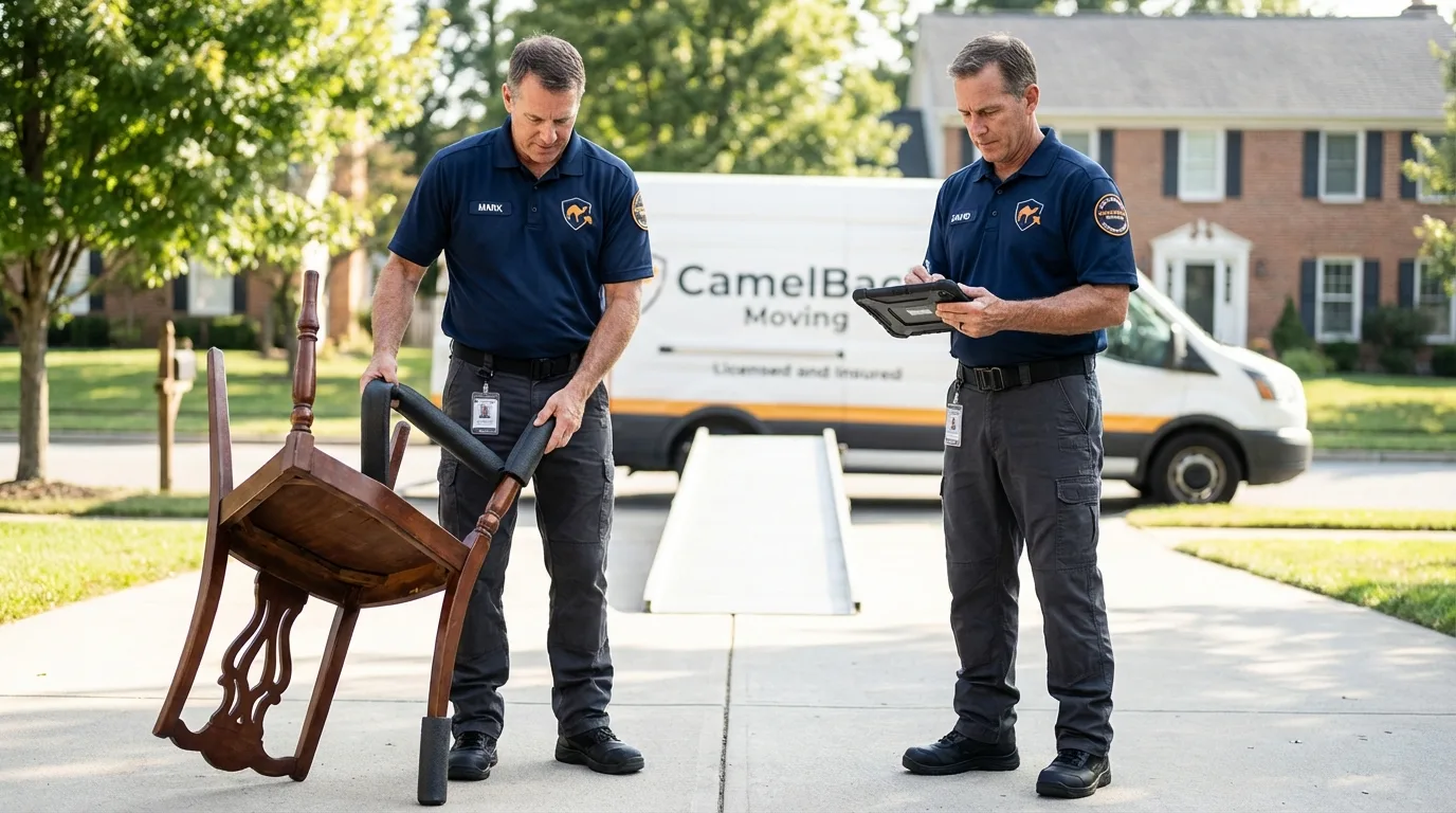 Movers inspecting furniture for damage prevention before loading in Williamsport, PA