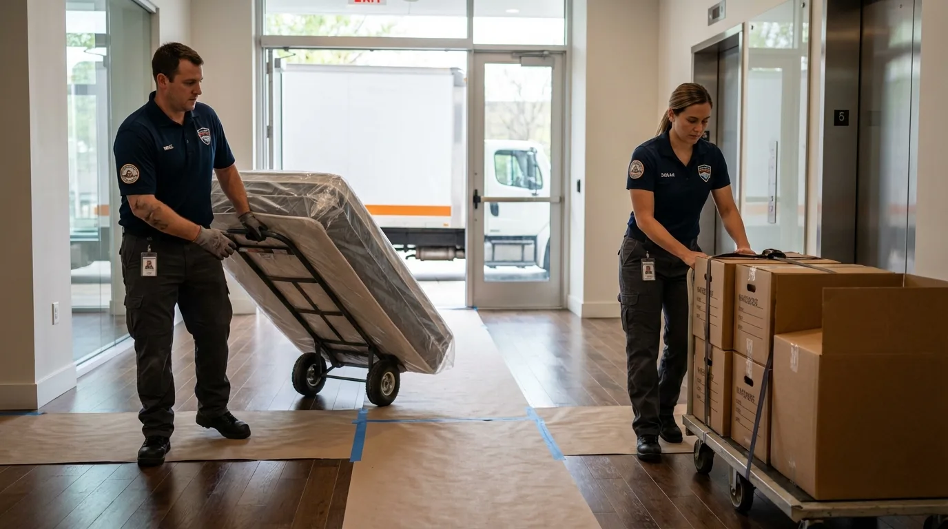 Professional apartment movers loading elevator in Williamsport, PA
