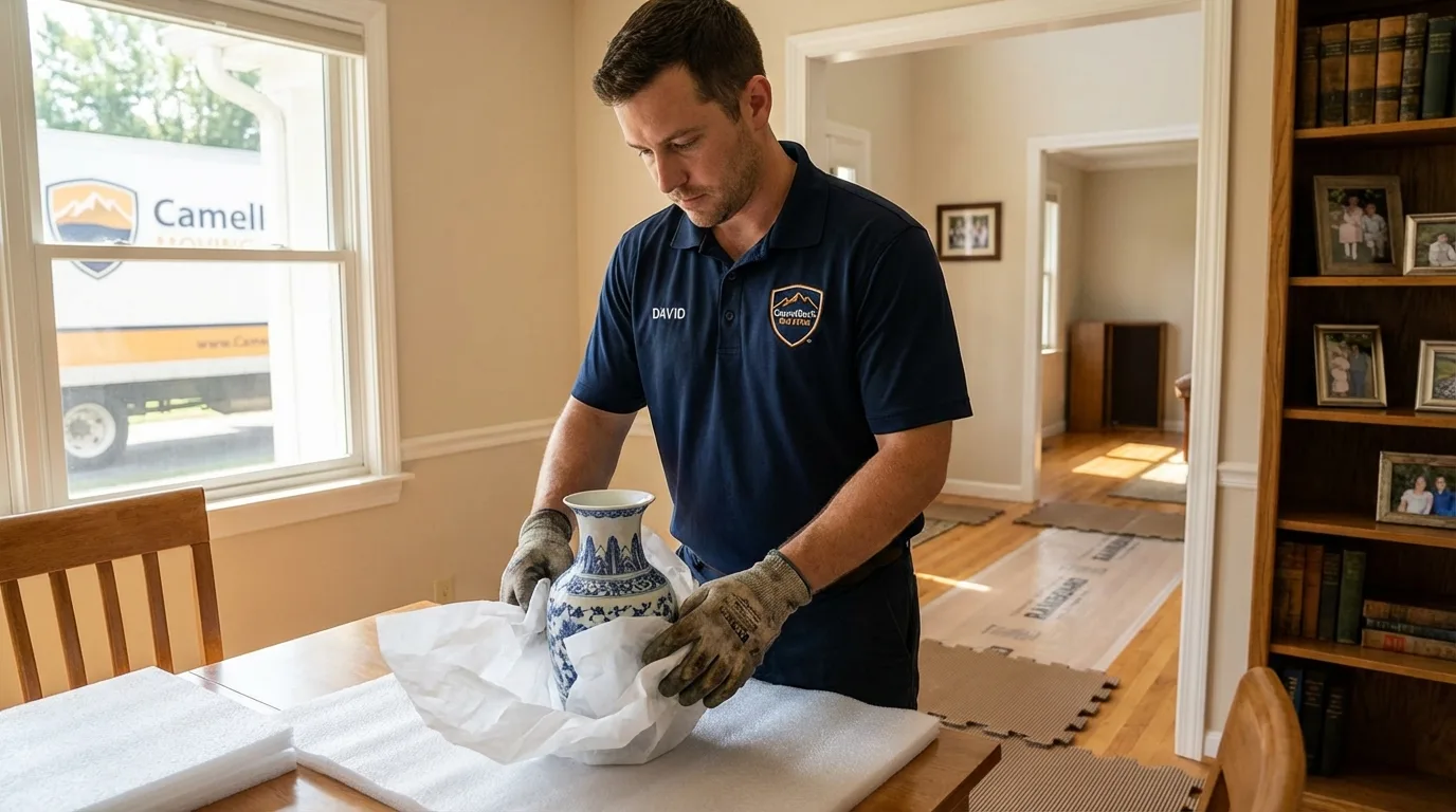 Professional crew carefully wrapping antique vase for senior downsizing move in Williamsport, PA